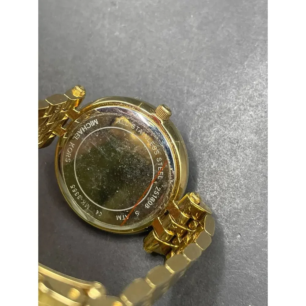 Michael Kors MK-3365 Womens Gold Tone Baguette Crystal Bezel Quartz Watch